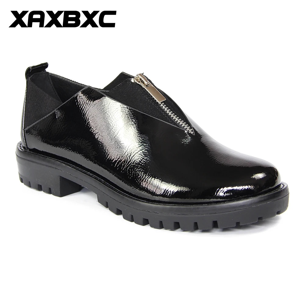 

XAXBXC 2018 Spring New Oxfords Shiny Patent Leather Zipper Female Platform Pumps Casual Handmade Shallow Women Ladies Shoes