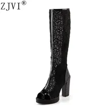 ZJVI/женские пикантные сандалии женские летние сапоги до колена Босоножки с открытым носком г. женские сапоги на высоком квадратном каблуке обувь на платформе