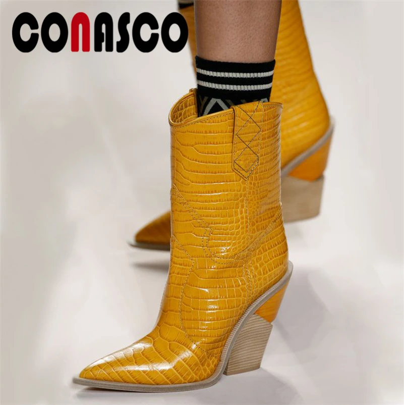 

CONASCO Fashion New Women MiD-CALF Boots High Heels Slip On Wedding Party Shoes Woman Microfiber Leather High Martin Boots