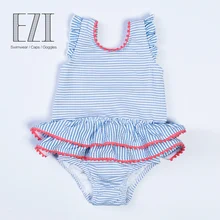 july sand bowknot decorated striped soft skin care pom pom baby one-piece swimsuit