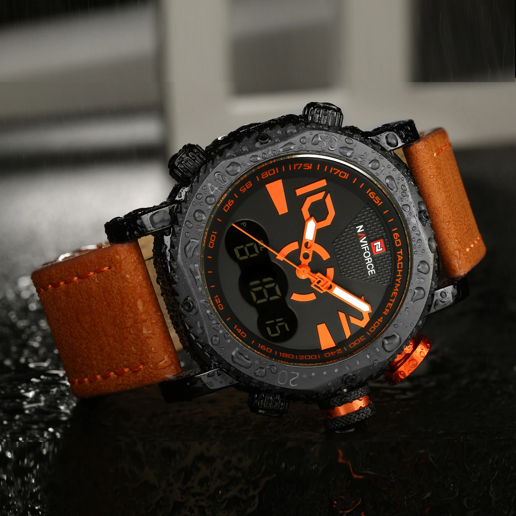 

NAVIFORCE Military Sport Dual Time Quartz LED Digital Analog Clock Orange Leather Strap Waterproof Mens Watches Top Brand Luxury