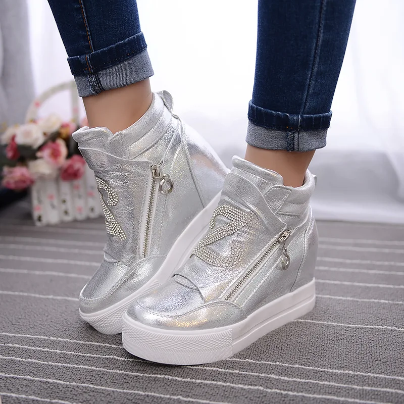 Women Boots Wedge Concealed Heel High Top Platform Ankle Boots Lace-Up Rhinestone Boots Zipper Shoes Size 35-39 Free Ship S49