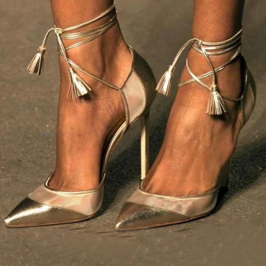 

Women elegant champagne gold lace up thin high heel shoes pointed toe patchwork fringe ankle fastening dress pumps