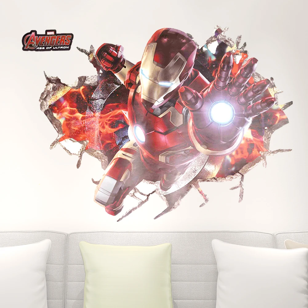 Настенные художественные графические Мстители, Железный человек, разбитая стена, напечатанная виниловая наклейка, декоративный 3D постер для детей, мальчиков, декор для спальни, наклейка