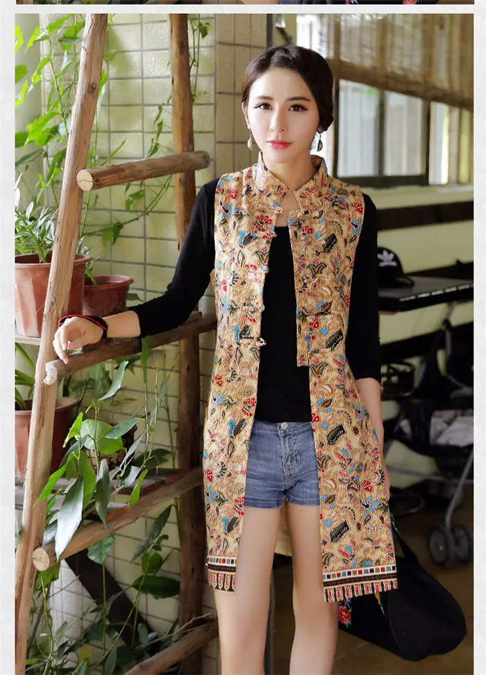 Woman Vest New Arrival Chinese Style Women Sleeveless Jacket Vintage Print Long Slim Ethnic Waistcoat Cotton Linen Tops f1073