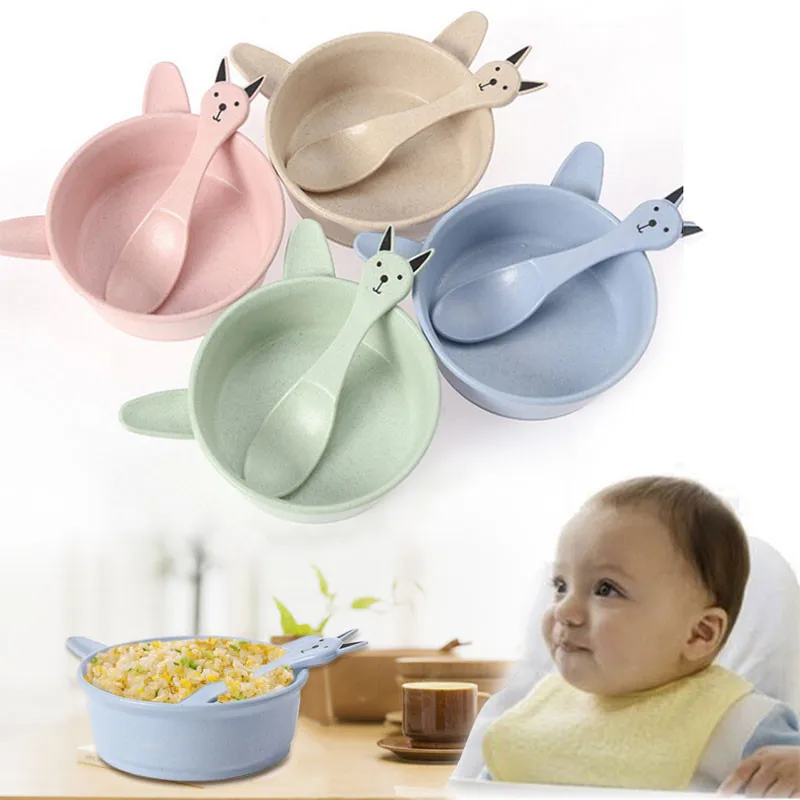 Lovely Children Tableware Set Big Ears Rabbit Shape Bowl+Fun Pattern Spoon Wheat Straw Material Kids Resistance Feeding Bowl