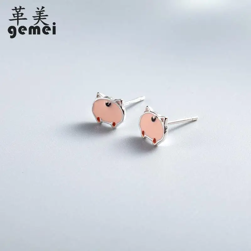 

Gemei 100% 925 Sterling Silver Pink Drop Glaze Cute Pig Stud Earrings For Women Simple Fashion Party Jewelry