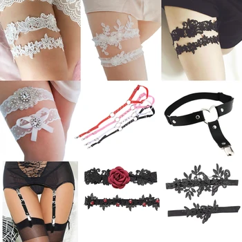 

Rhinestone White Wedding Garters Lace Embroidery Floral Sexy Garters For Women/Bride Thigh Ring Bridal Leg Garter