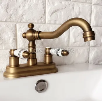 

Antique Brass 2 Hole Deck Mounted Dual Handle Bathroom Faucet Swivel Spout Faucets Washbasin Mixer Vessel Sink Taps lan064