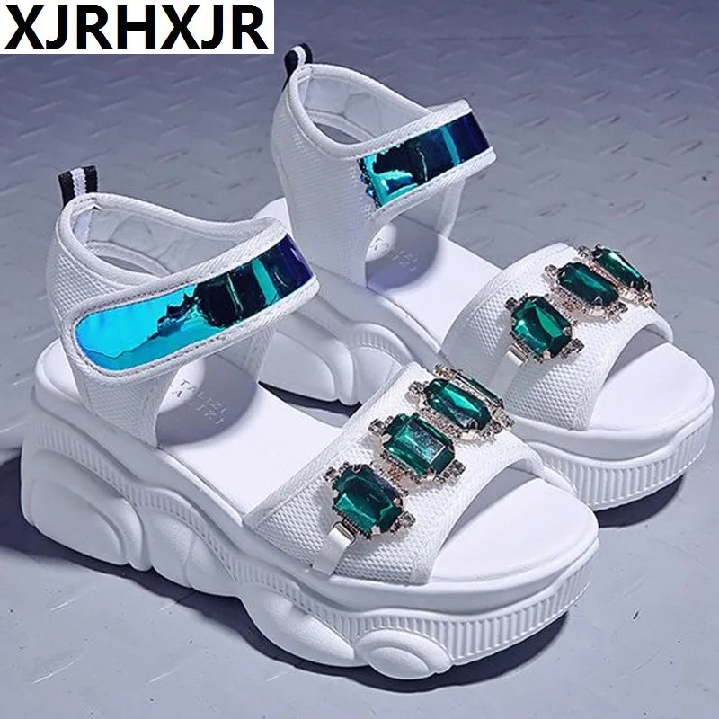 

New Arrival 2019 Summer Platform Sandals Women 7CM Wedges Thick Bottom Casual Shoes Comfortable White Black Rhinestone Sandals