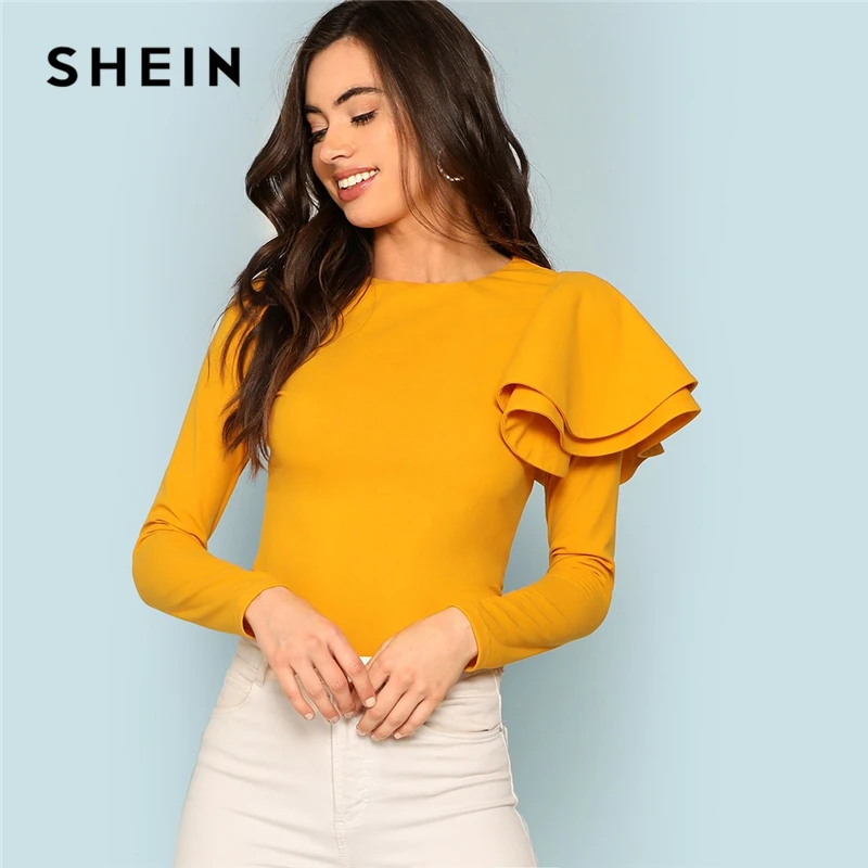 

SHEIN Ginger Zip Back Ruffle One Sleeve Tee Elegant Solid Slim Fit Long Sleeve T-shirt Top Women Modern Lady Autumn Tee Tops