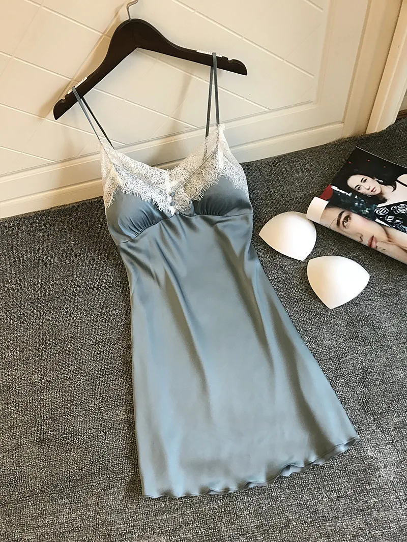 Women's Sleepwear Silk Satin Nightgowns Summer Sexy Lace Sleepshirt Night Dress Night Gown With Chest Pads Nightwear Lingerie 17