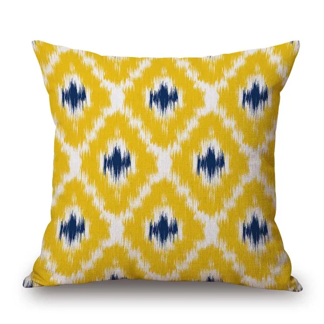 Blue and Yellow Color Geometric Cushion Covers Plaid Stripe Beige Linen