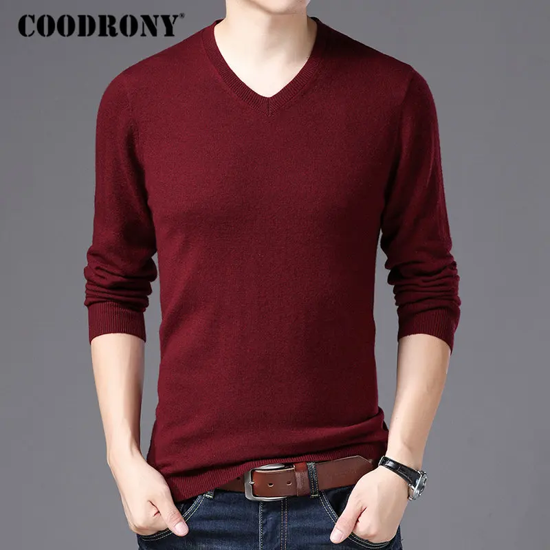 Бренд COODRONY, мужской свитер с v-образным вырезом, для осени и зимы, чистая мериносовая шерсть, свитера, мягкий теплый кашемировый пуловер для мужчин 93002 - Цвет: Бургундия