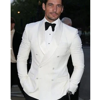 

2018 Summer Style Custom Double Breasted Ivory Mens Suit Groom Tuxedo Bespoke Wedding Suits for men Black Pants(Jacket+Pants)