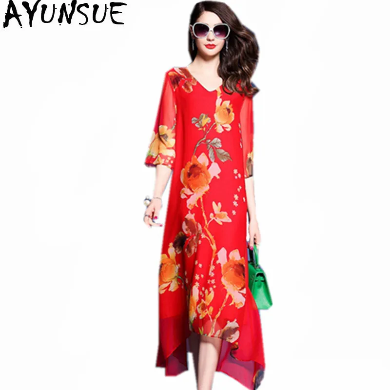 

AYUNSUE 2019 Fashion Robe Femme Bohemian Summer Floral Dress Women V-Neck Casual Loose Ethnic Print Silk Dresses Vestidos WXF645