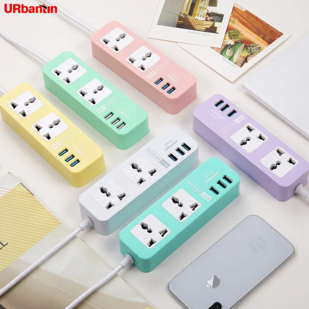 

Original Urbantin 2AC Outlets 3 USB Outputs universal Power Strip color Smart Fast Charging usb able With EU AU UK US adapter