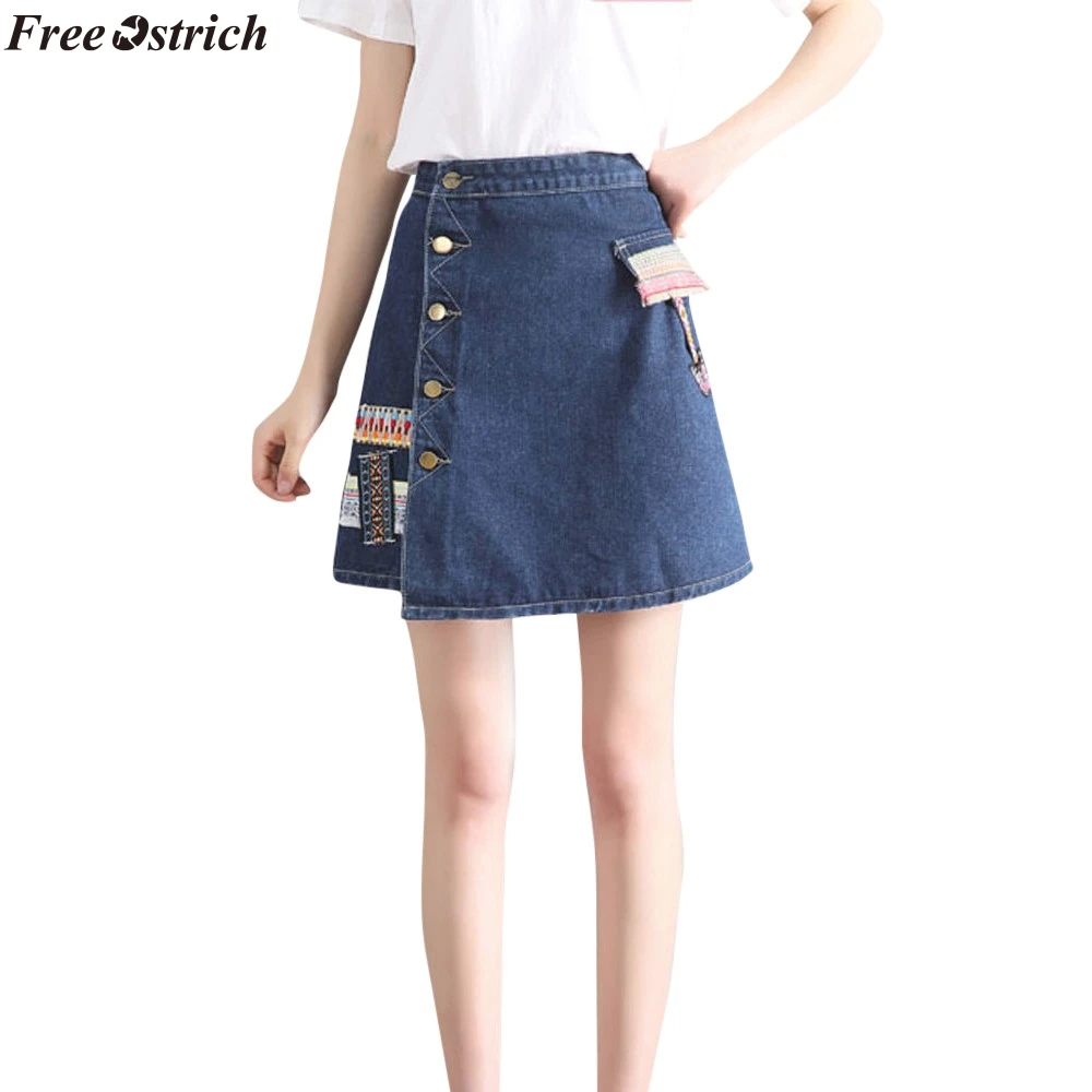 

FREE OSTRICH Women Blue Denim Skirt Casual Girl cowboy High Waist Skirt Pockets Button Jeans Skirts Faldas Cortas