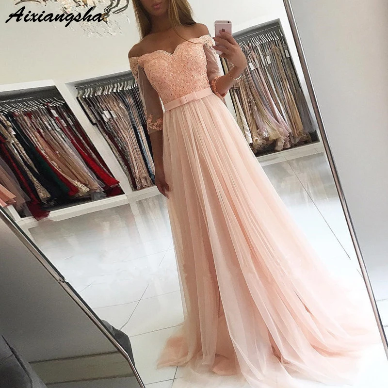peach prom dress long