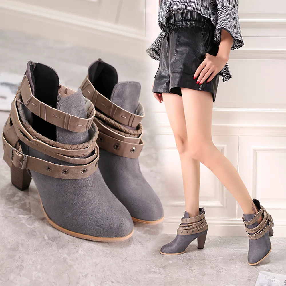 Boots Women Belt Buckle Short Boots Knight Ladies Outside High 5-8CM Boots Shoes Ankle Boots T#