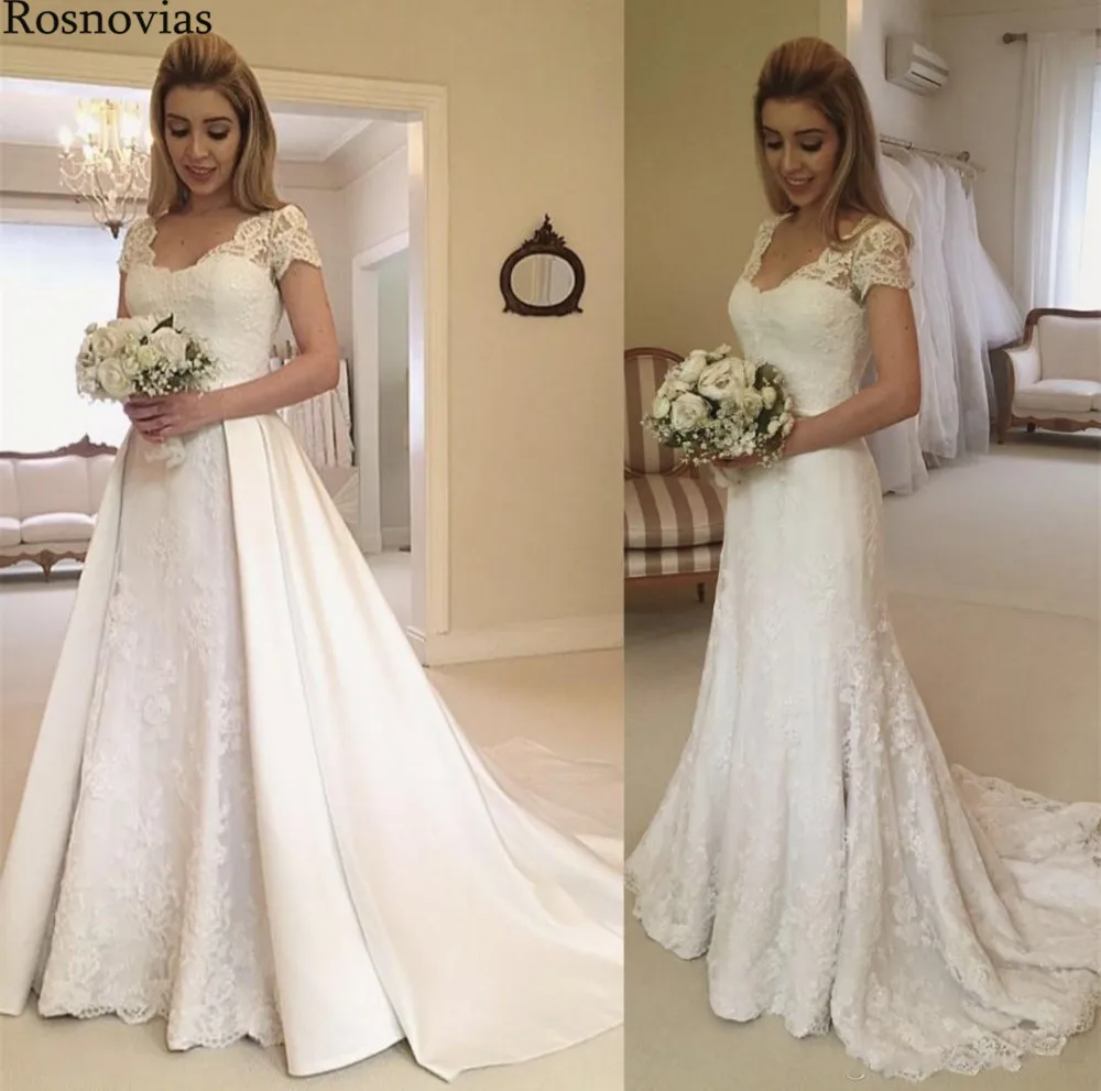 

Lace Mermaid Wedding Dresses 2019 V Neck Short Sleeves Overskirts Sweep Train Appliques Long Bridal Gowns Vestido De Novia
