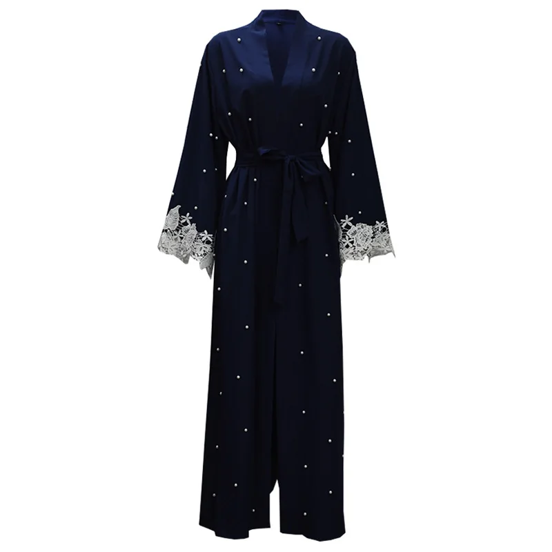 Дубай Абая, для мусульман Для женщин кружевное кимоно открытый кардиган украшенный бисером жемчуг кафтан платье хиджаб синий плюс Размеры халат турецкого исламского Костюмы - Цвет: Dark Blue