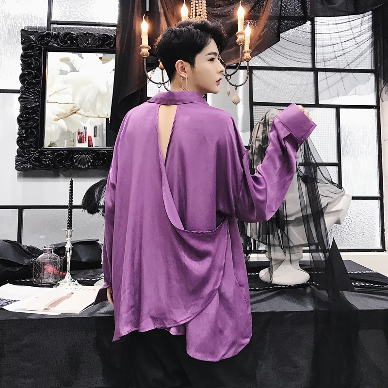 

MIXCUBIC 2018 Autumn England style simple Unique hollow design shirts men purple casual loose hollow shirts M-XXL