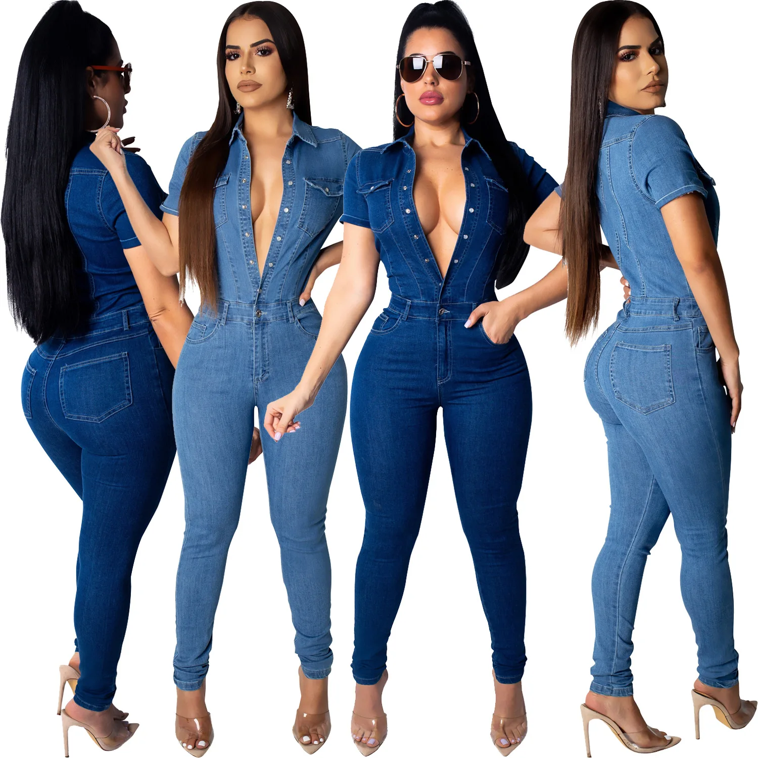 

Sexy pencil pants one-piece jeans bodysuit Jumpsuits Casual Skinny Solid color Button
