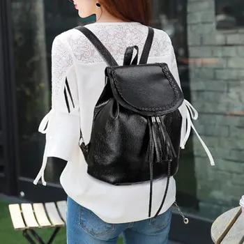 

Fashion Korean Women Casual Backpack Leather Tassels Solid Color Drawstring Bags Big Capacity Girls School Shoulder Bag MSJ99