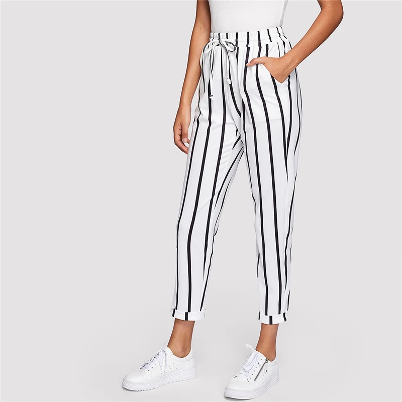 

Fanco Black and White Casual Drawstring Waist Striped High Waist Tapered Carrot Pants Summer Women Going Out Trousers
