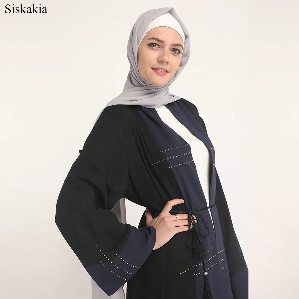 Siskakia Muslim Fashion Color Block Stitching Cardigan Robe Abaya Women Turkish Dubai Ramadan High Waist Sashes Female Abaya New (5)