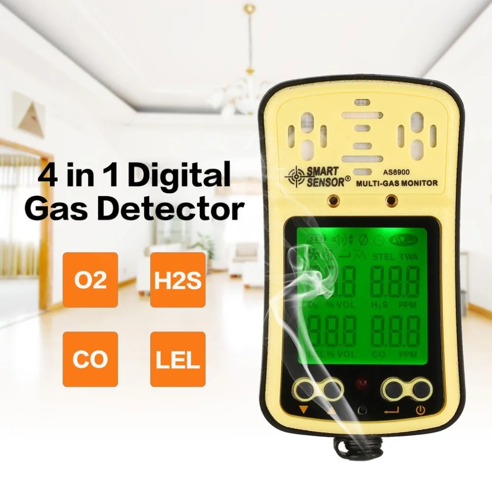 

AS8900 4 in 1 Digital Gas Detector O2 H2S CO LEL Handheld Mini Gas Monitor Analyzer Air Monitor Leak Tester Carbon Meter US Plug