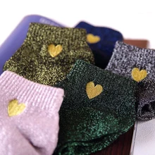 Мода вышивка сердце любовь сверкающие носки женские модные серебряные золотые шелковые красочные блестящие Sox блестящие Calcetines Mujer