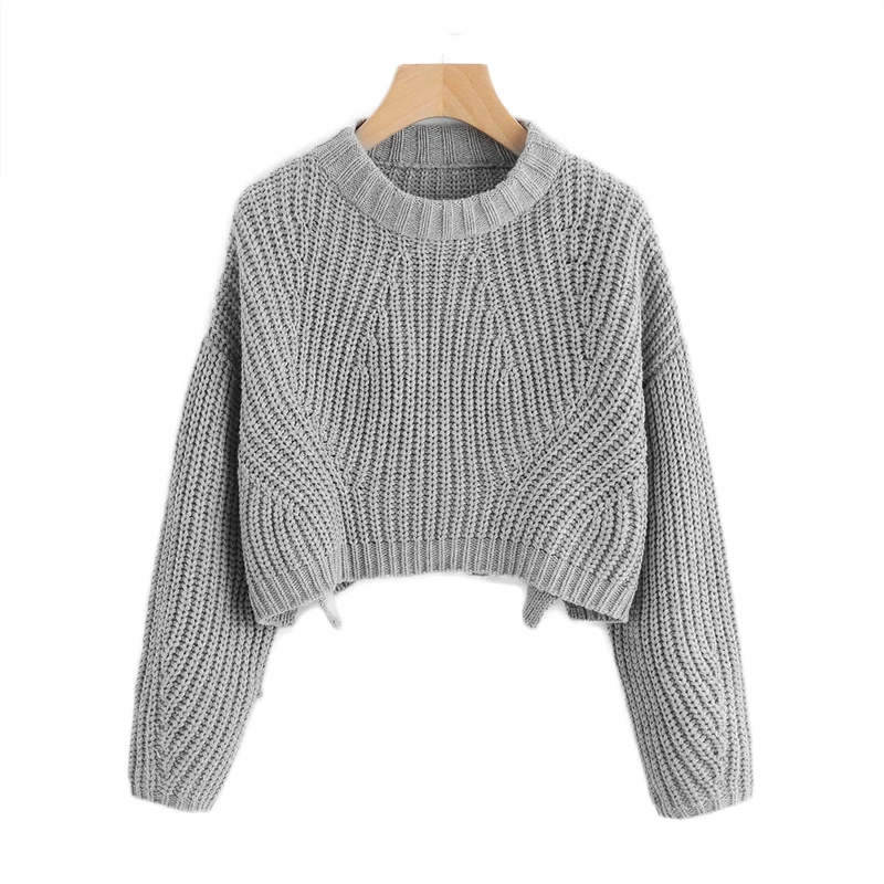 COLROVIE серый однотонный Повседневный вязаный короткий женский свитер осенний вязаный свитер с длинным рукавом пуловер для девочек джемпер