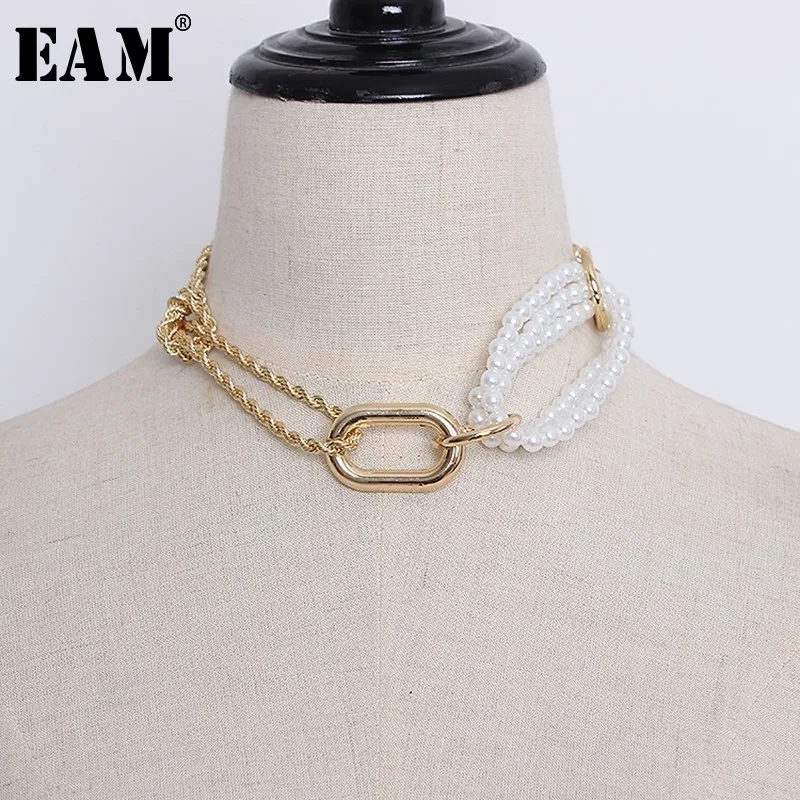 

[EAM] 2019 New Spring Summer Korean Metal Chain Tie Ring Pearl Short Split Joint NecklaceWomen Parkas Fashion Tide JL285