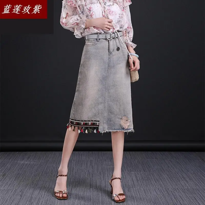 

Lolita Top Solid Asymmetrical Tassel Mid-calf Saia Midi Skirt Shangyu Jeans Half-length Skirt Female Summer 2019 New One-step
