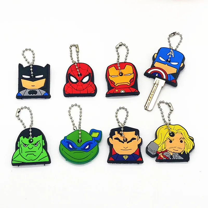 

1Pcs Cute Cartoon Avengers PVC Heros Keychains For Women/Man Key Cover Spiderman Key Caps Key Ring Key Holder Key chain Gift