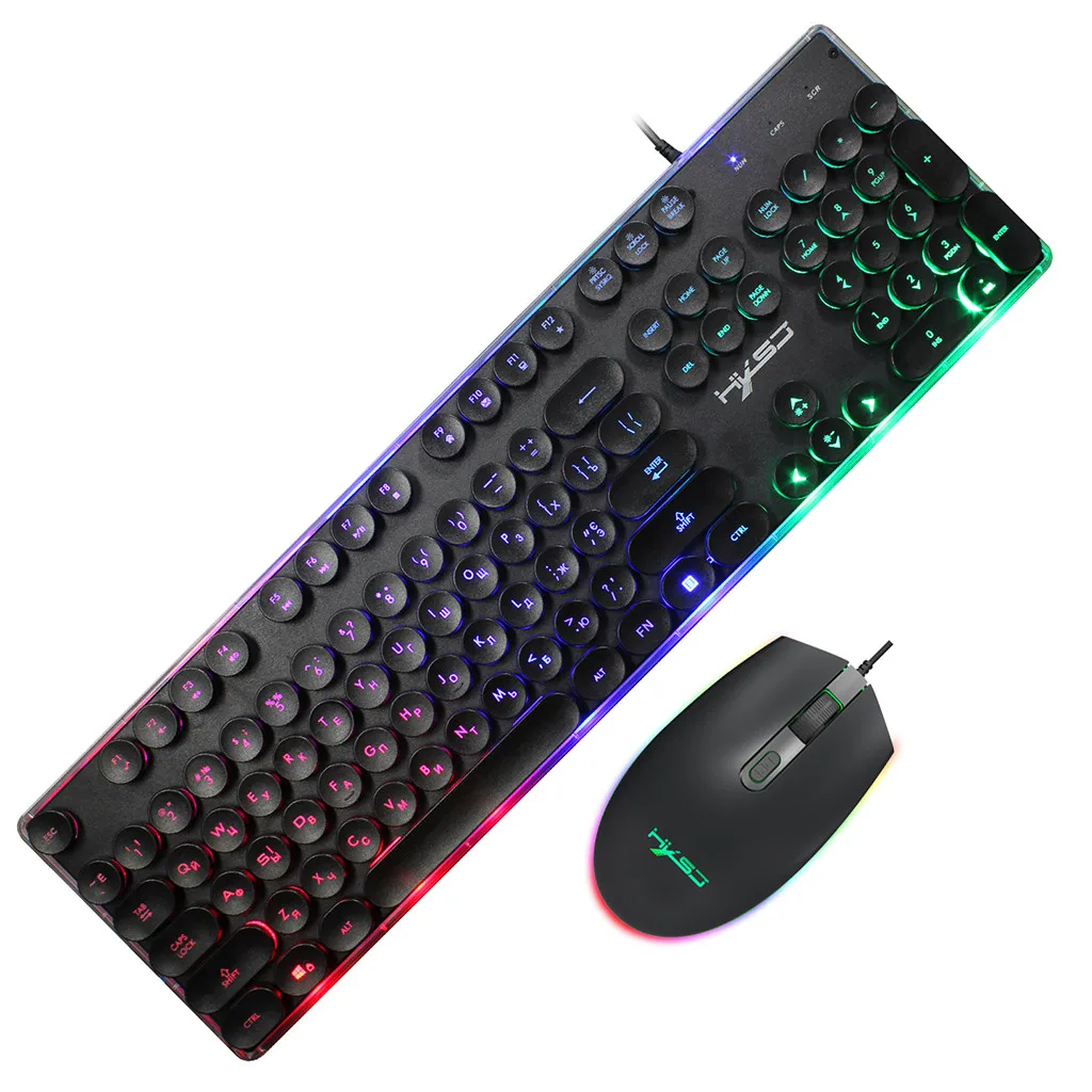 HXSJ V300 Russian Round Keycap Rainbow Suspension Backlit Gaming Keyboard+Mice 