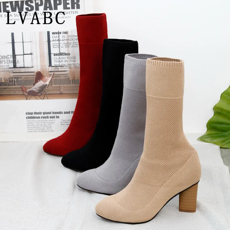

New style Autumn Spring Stretch Fabric Women Sock Boots Fashion Sock boots Black Mid-calf Short Boots High Heel Shoes Plus Size