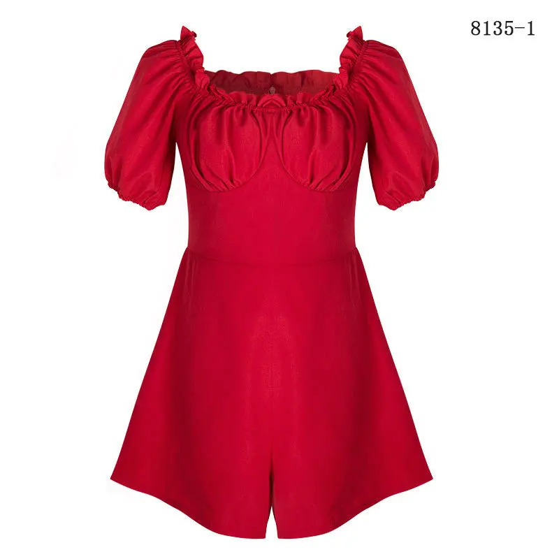 DANJEANER летний однотонный комбинезон, элегантное женское сексуальное боди, Модный хлопковый комбинезон с расклешенными рукавами для женщин - Цвет: red