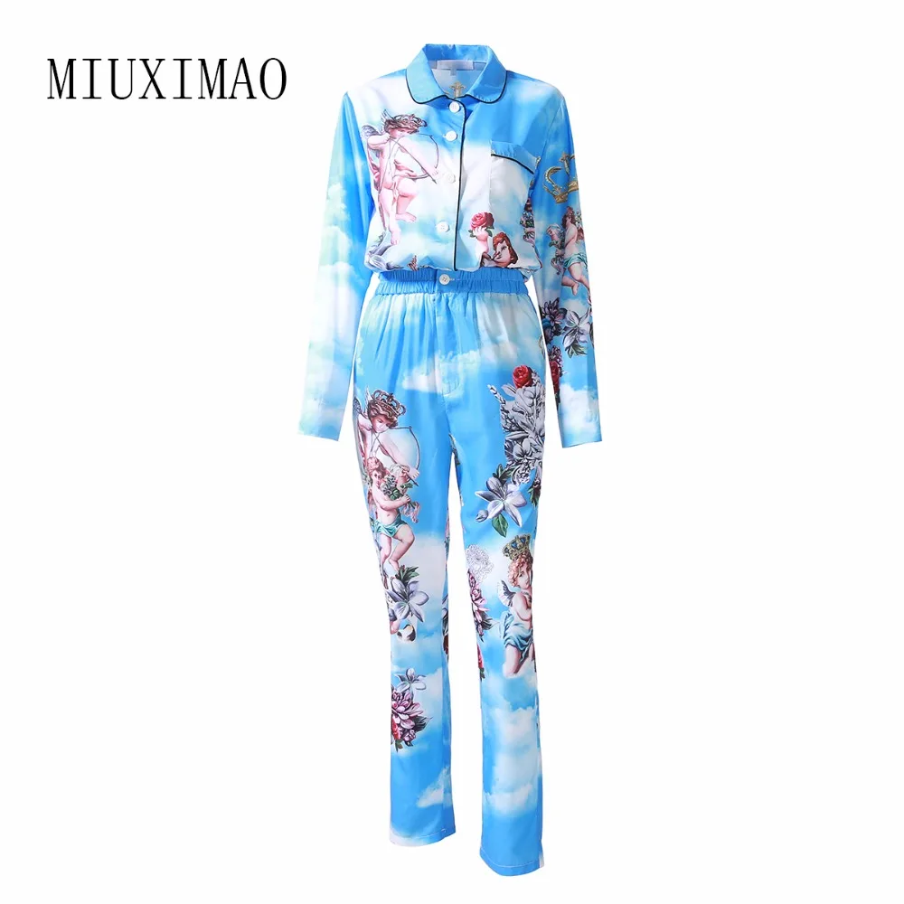 

Custom Plus Size 2018 Autumn Latest Suit Sets Turn-down Collar Full Sleeve Top + Full Length Pants Angel Print Suit Women