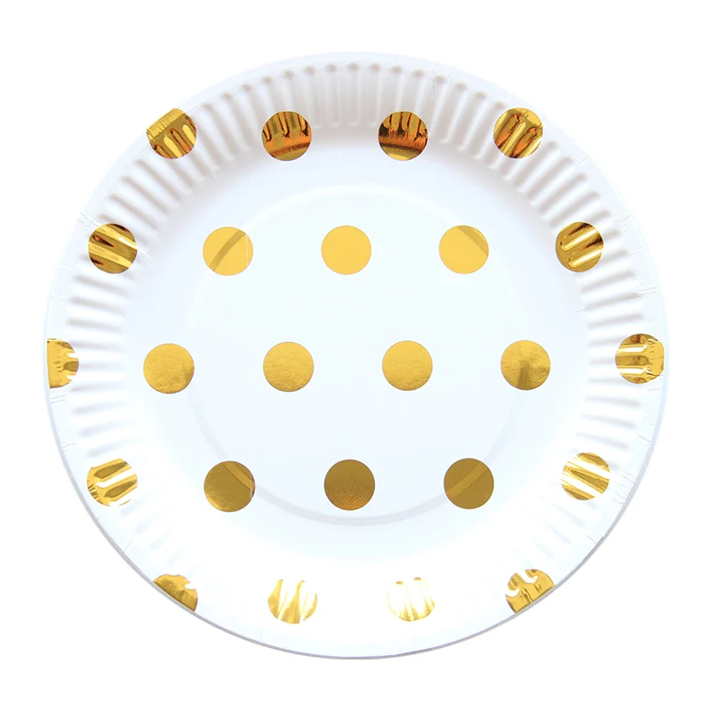 Высококачественные одноразовые столовые приборы золотого и серебряного цвета в горошек бумажные салфетки под чашки для свадьбы, дня рождения, вечерние принадлежности, посуда для детского душа - Цвет: gold dot plate 1