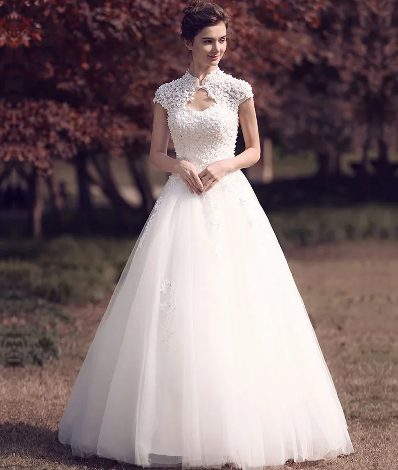 Vestidos de novia de moda de lujo 2017 de cuello alto de manga corta