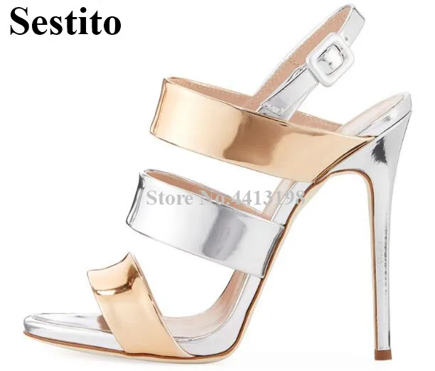 

Gold Patent Leather Summer Ladies Casual Sandals Peep Toe Stiletto Heels Women Sandals Ankle Strap Buckle European Women Shoes