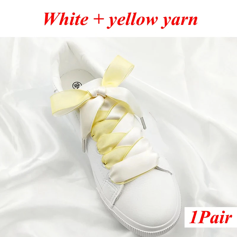 1 пара, новинка, двусторонняя зимняя пряжа, атласная шелковая лента, шнурки, кружево, 2 см, ширина, Белая обувь, кружевные модные кроссовки, шнурки - Цвет: White yellow