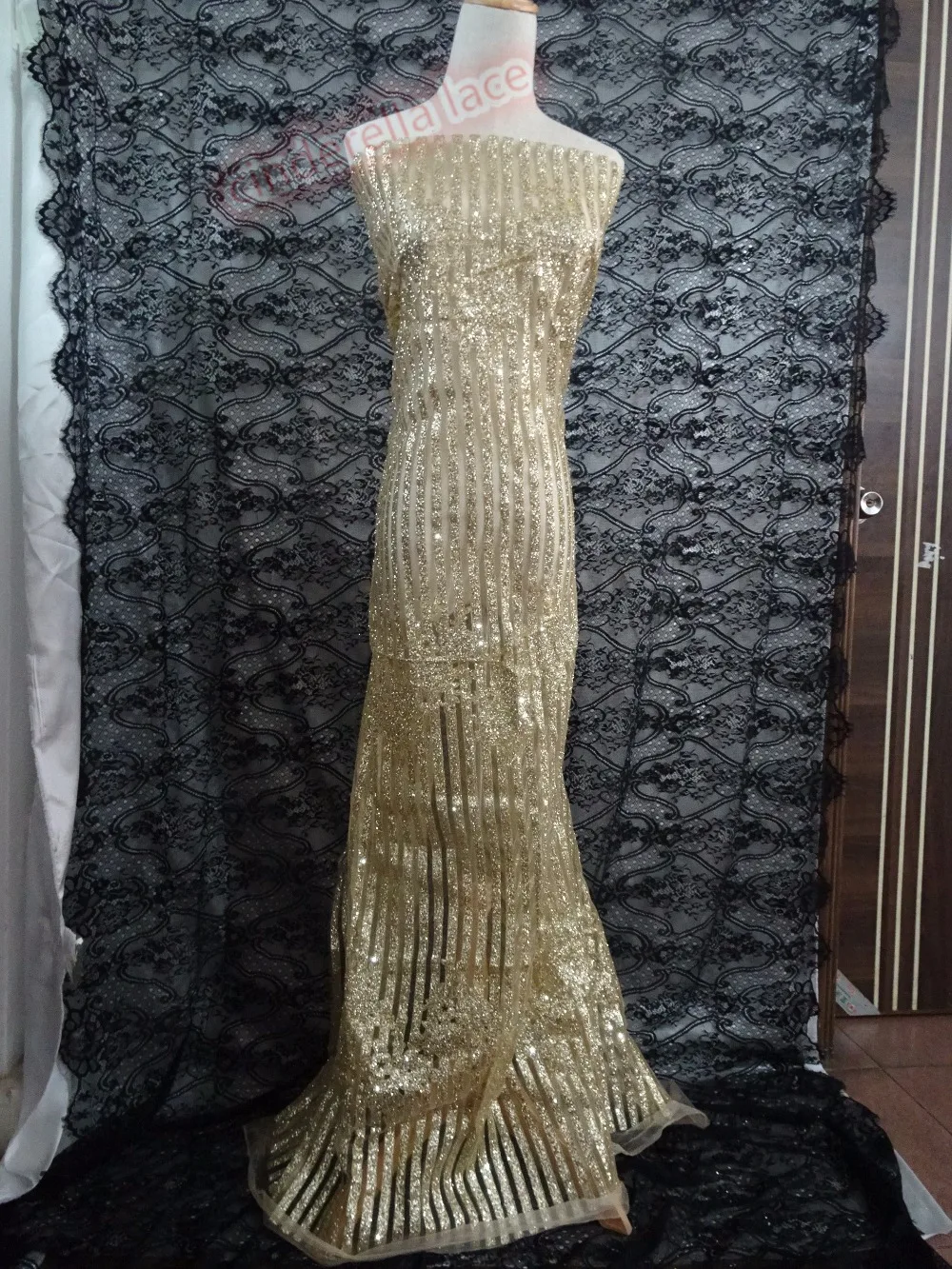 gold Glitter Mesh Fabric For Evening Dress Sequin lace Fabric For Dress