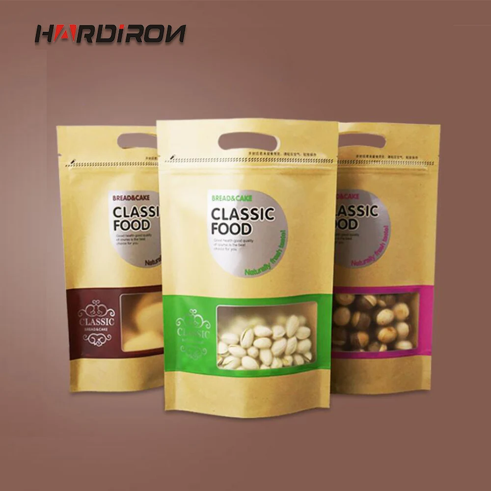 

HARDIRON 100PCS Thicken Casual Baking Food Tote Bag Biscuit Tea Kraft Paper Matte Window Self-sealing Zipper Packaging Bag
