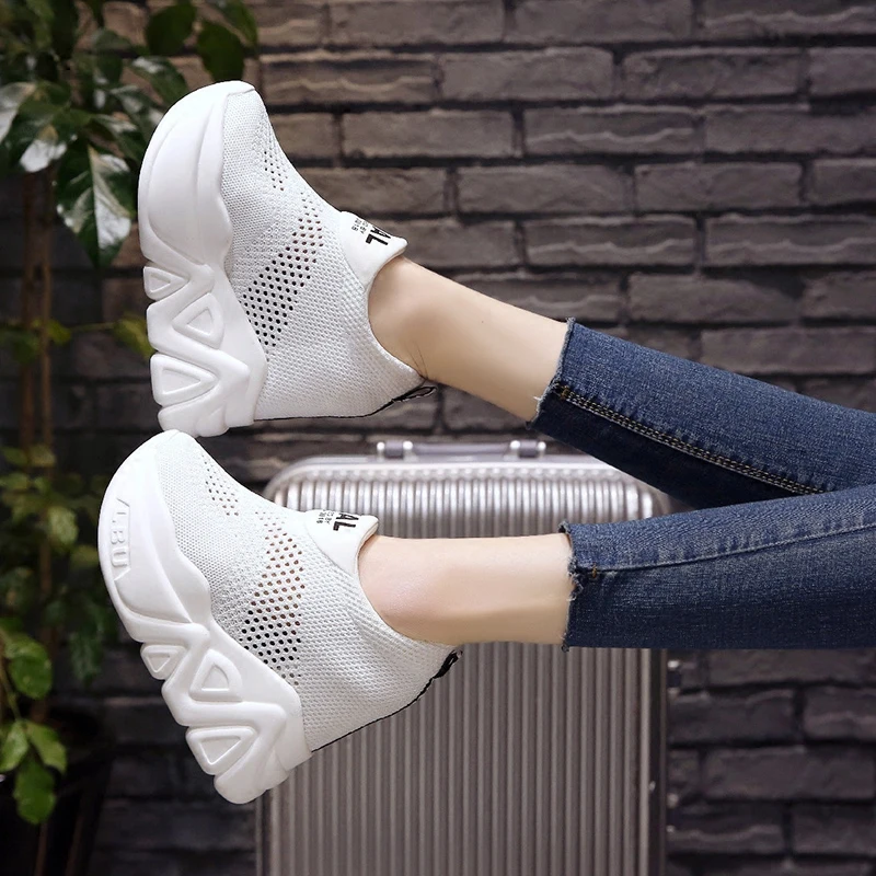 SWYIVY Casual Shoes Platform Woman Summer Breathable 2018 Autumn Hot 11cm Hollow Female Fashion White Slip On Sneakers Wedge