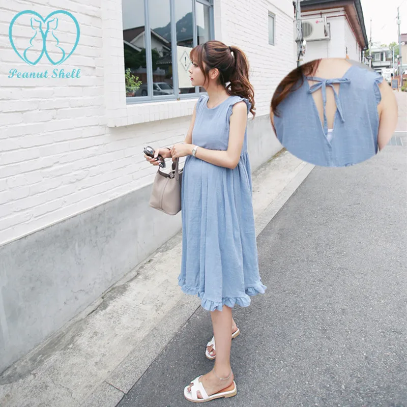 

2018 Summer Fashion Ruching Linen Vest Maternity Long Dress Back Frenal Ruffles Loose Tank Clothes for Pregnant Women