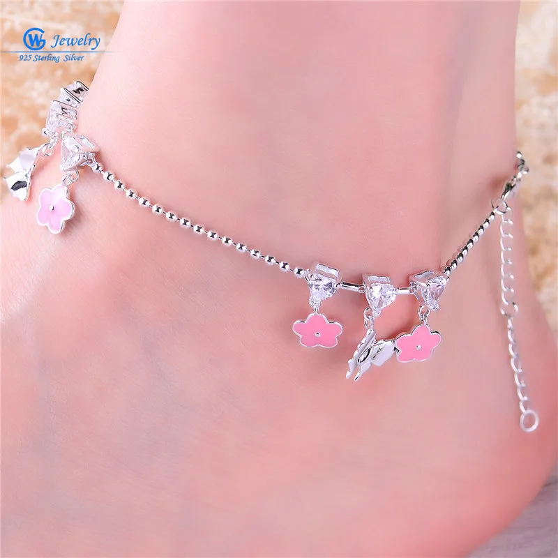 Gw font b Jewelry b font 925 Silver Foot Chain Butterfly And Flower Girl Pink Anklet